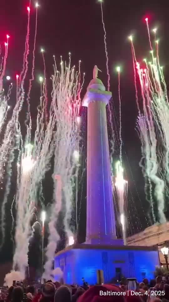 The fireworks display during the 2025 Monument Lighting Ceremony at Mount Vernon Place in Baltimore.